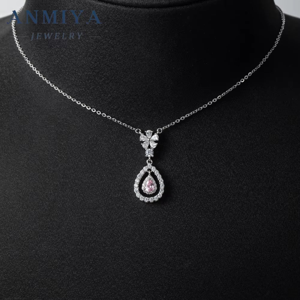 Niche Fashion Drop Shape Hollow Out Pear Ice Cut Fine Jewelry 925 Sterling Silver Necklace Pink ZC Necklace