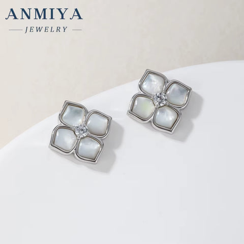 ANMIYA Petal Four Leaf Clover Chalcedony Zircon S925 Silver Minimalist Earrings Necklace Set Jewelry