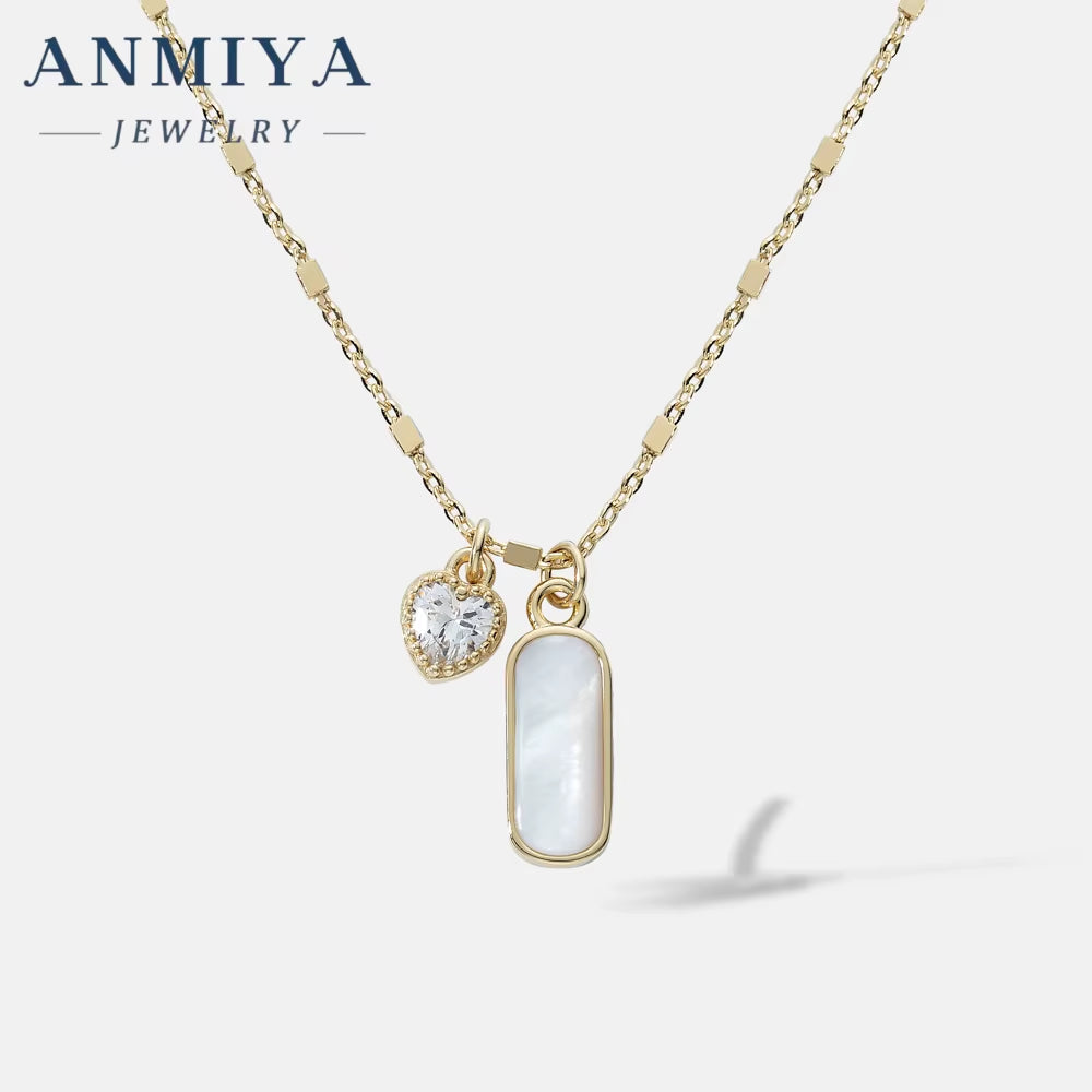 ANMIYA Rectangle White Shell Heart Pink Zircon 925 Silver Valentine'S Day Gift Charm Necklace for Women