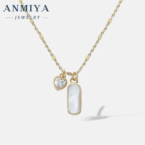 ANMIYA Rectangle White Shell Heart Pink Zircon 925 Silver Valentine'S Day Gift Charm Necklace for Women
