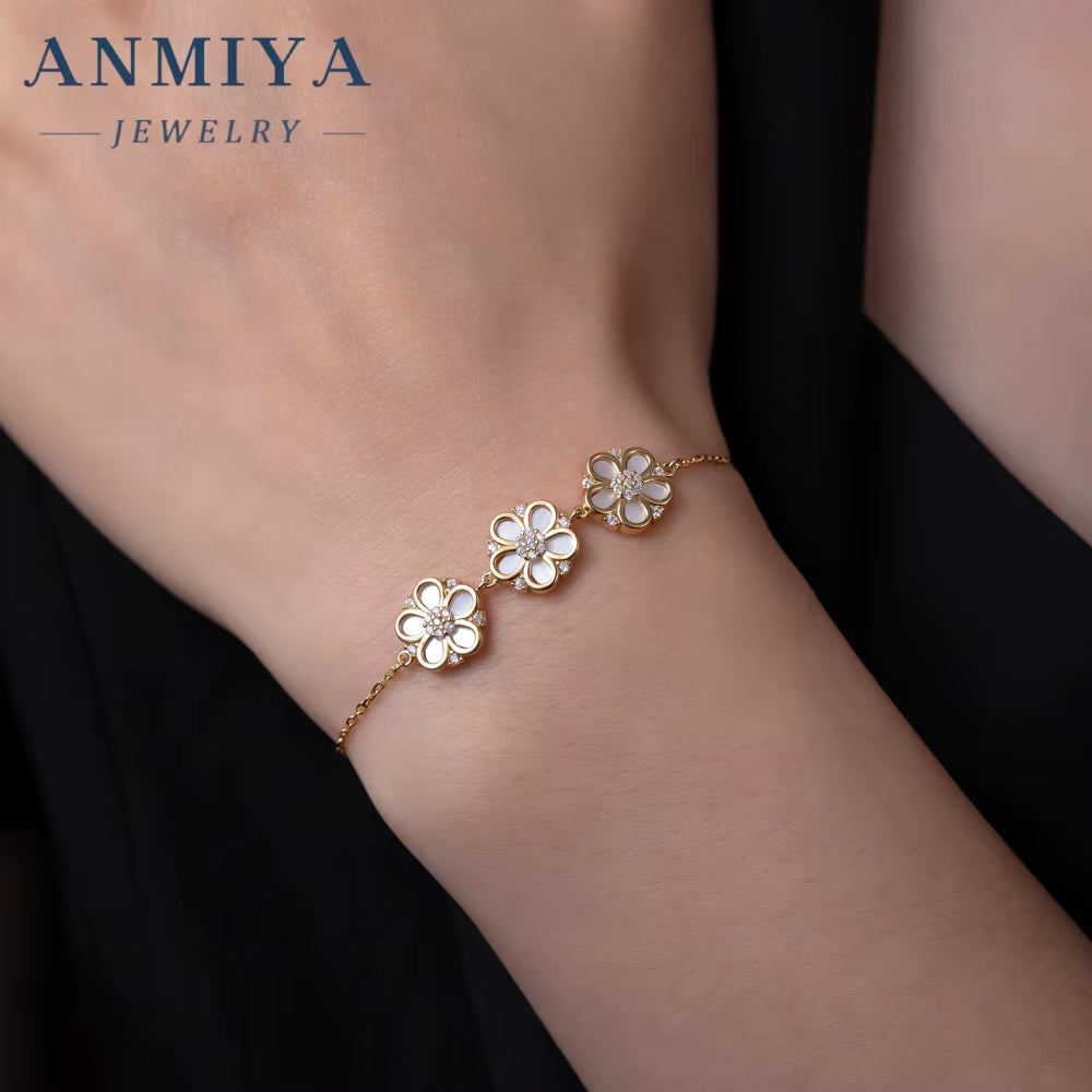 ANMIYA Delicate Flower Charm Bracelet 925 Sterling Silver Fashion CZ 18K Gold Bracelet for Women Party Fine Jewelry