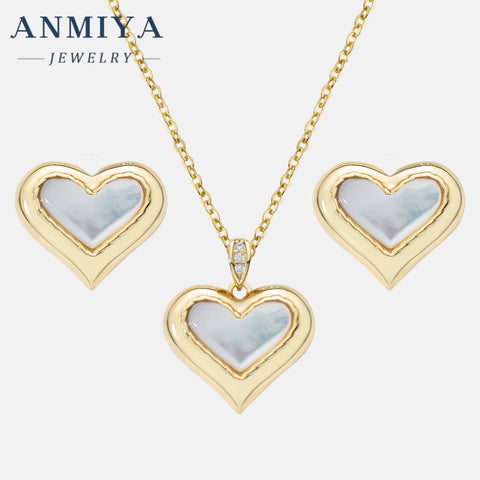 ANMIYA Minimalist Luxury 18K Gold Heart White Shell Gold Plated Necklace Earrings Set 925 Silver for Women