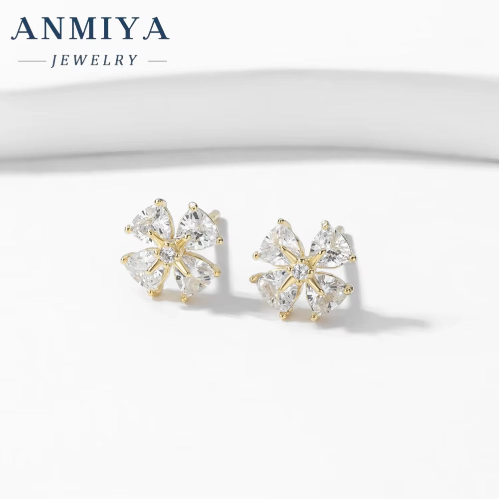 Fashion Silver-Color Tiny White Cubic Zirconia Micro Paved Flower 925 Silver Stud Earrings for Girls