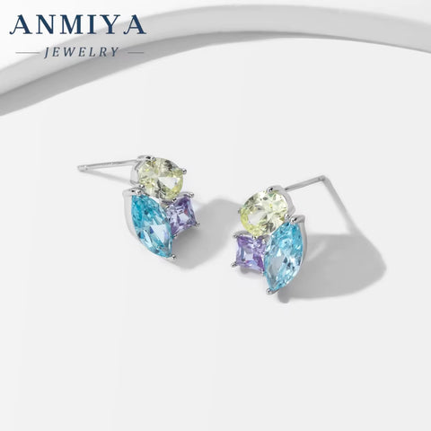 Colored Geometric Zircon round Ice Flower Cut Blue Stone 925 Silver Necklace and Earrings Stud Jewelry Set