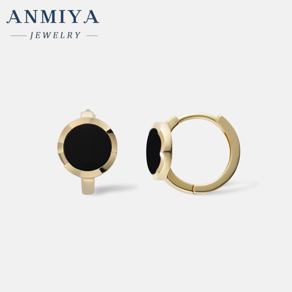 ANMIYA Black round 18K Gold Plated Classic Vintage Fashion Jewelry Hoop Stud for Girl Female Women