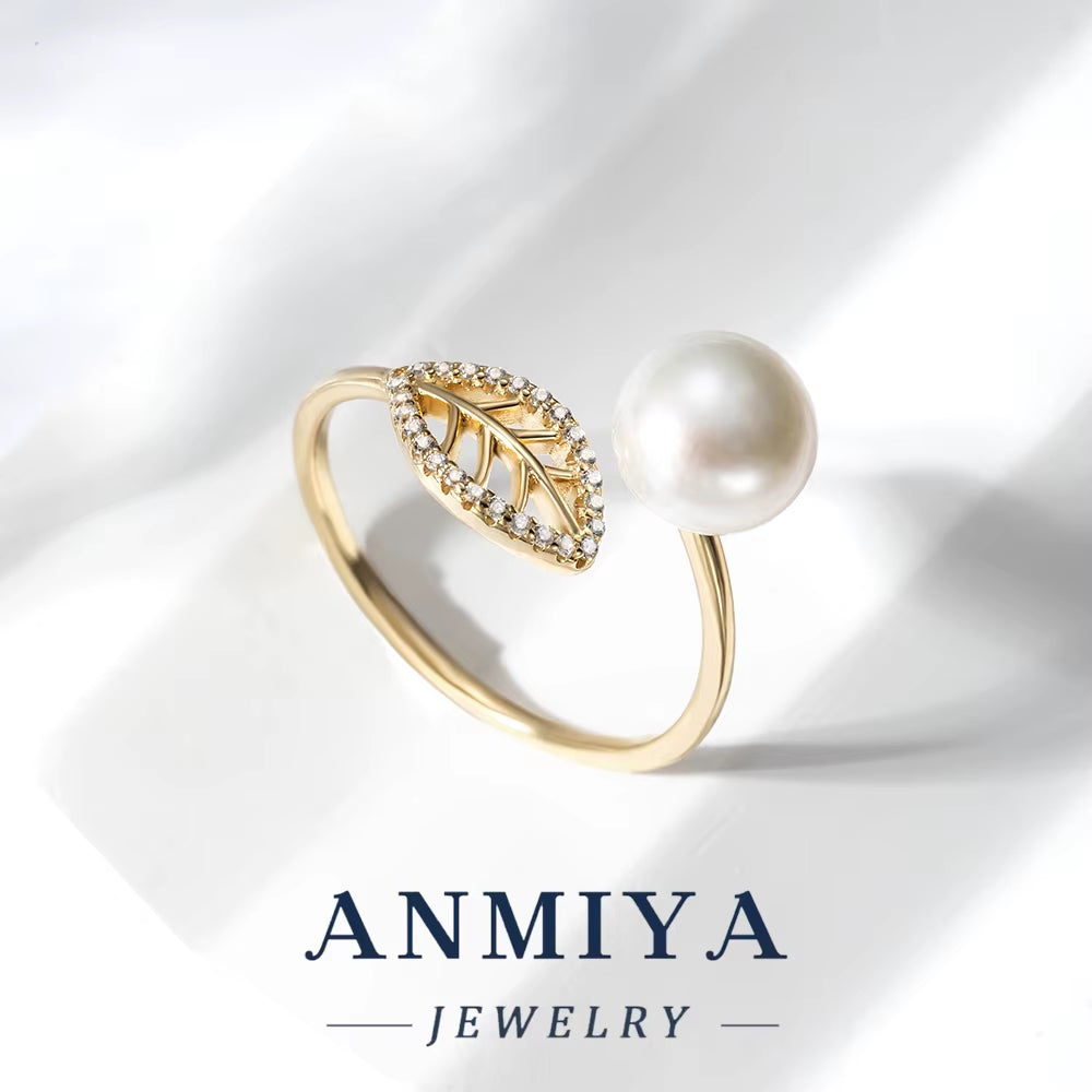 Leaf Shape Design Adjustable Open Ring 925 Sterling Silver with Pearl Bead Elegant Festival Jewelry for Wholesale