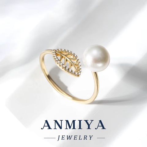 Leaf Shape Design Adjustable Open Ring 925 Sterling Silver with Pearl Bead Elegant Festival Jewelry for Wholesale