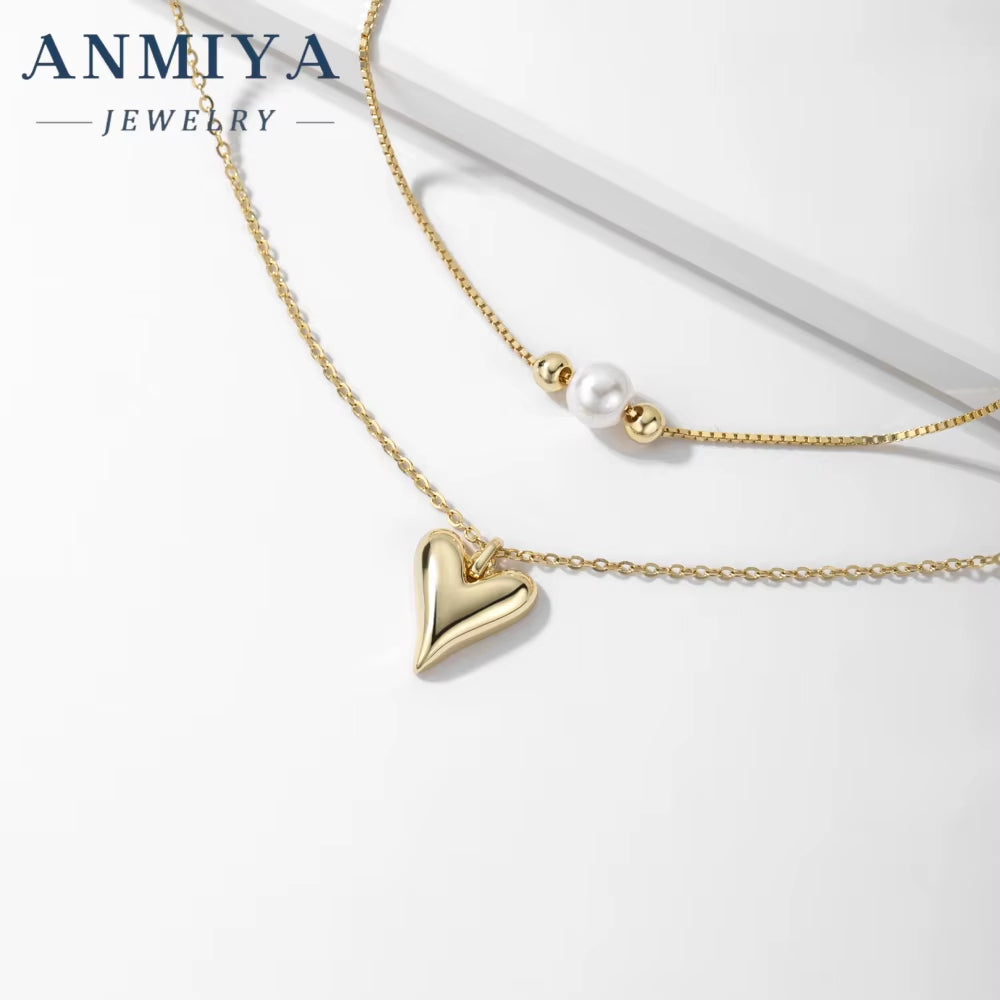 High Quality Wholesale 18K Gold Plating Double Layer Necklace 925 Sterling Silver Double Heart Pendant Necklace for Women