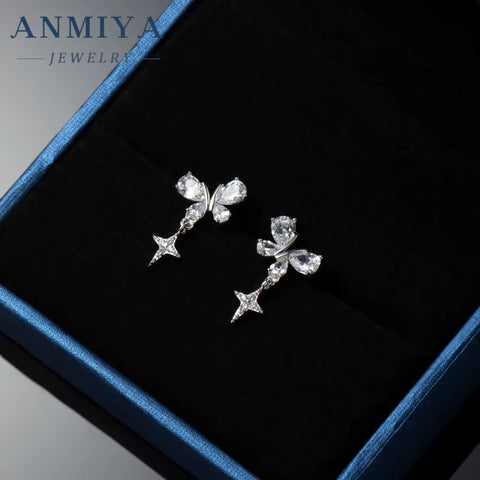 Super Shining Full Zircon Butterfly Stud Earrings for Sweet Girls 925 Silver Plated Rhinestone Women Dangling Star Stud Earrings