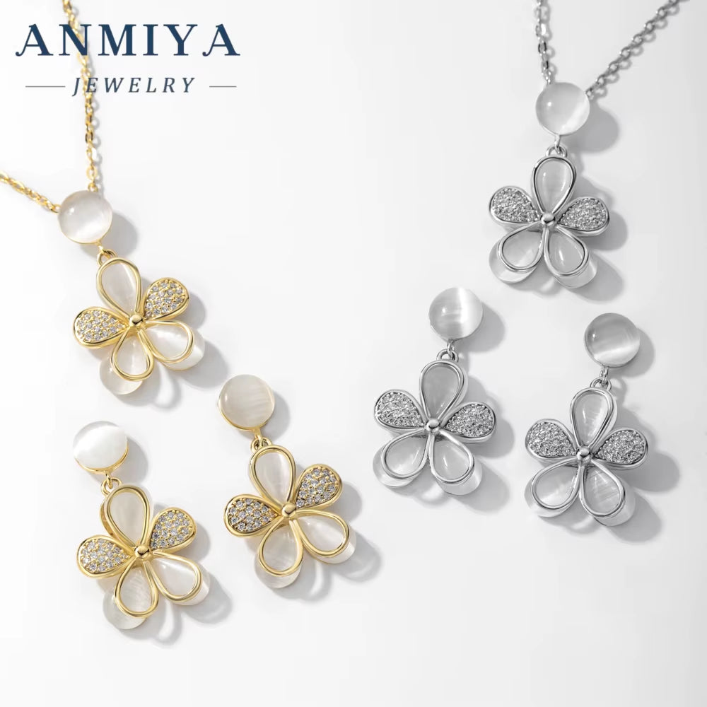 ANMIYA 925 Silver Necklace Women'S Fashion Zircon Flower Charm Pendant Necklace Earrings Set