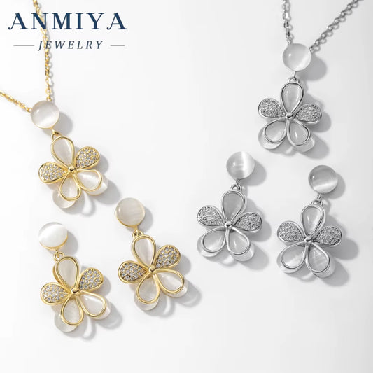 ANMIYA 925 Silver Necklace Women'S Fashion Zircon Flower Charm Pendant Necklace Earrings Set