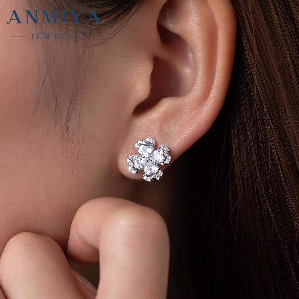 Silver Four-Leaf Clover Necklace Stud Earrings Waterproof Jewelry Four-Leaf Clover Flower Jewelry Sets