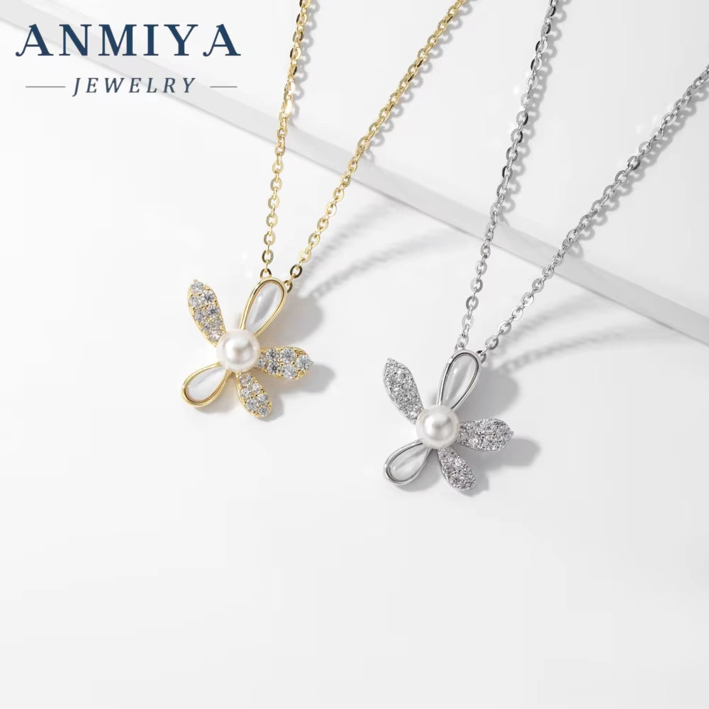 ANMIYA Pearl Flower Necklace 925 Silver Chain Zirconia Pendant Pearl Jewelry Necklace Pendant Wholesale for Women