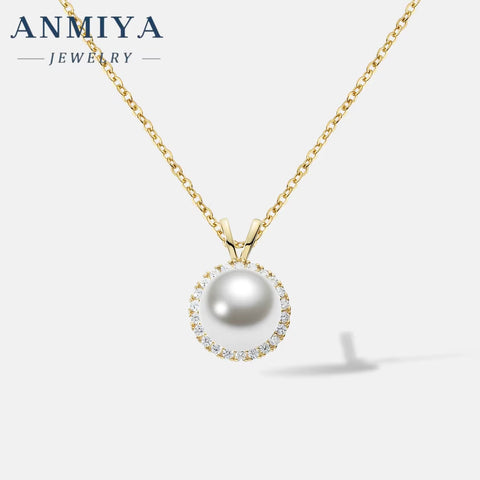 ANMIYA Elegant Fancy Classical 925 Sterling Silver Zircon Single round Pearl Pendant Necklace for Women Girls Jewelry