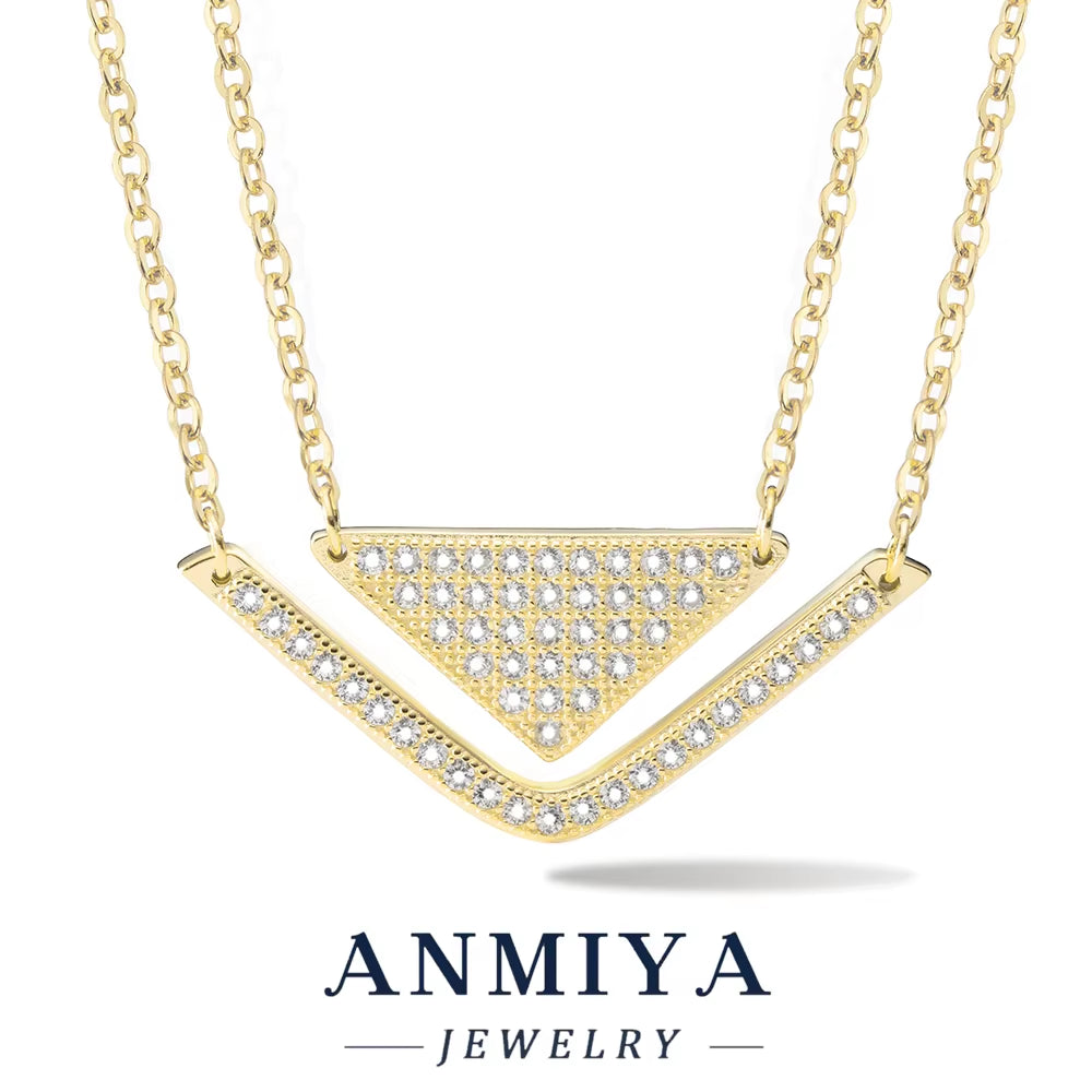 ANMIYA 925 Silver Certificate Bridal Layered Necklace Inoxidable Stereoscopic Fully-Jewelled Zircon Geometric Cute Gifts