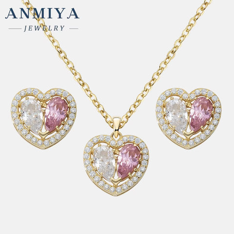 ANMIYA Hypoallergenic 18K Gold Plated Heart Pink Zircon High Quality Brand Necklace 925 Silver Earrings Set