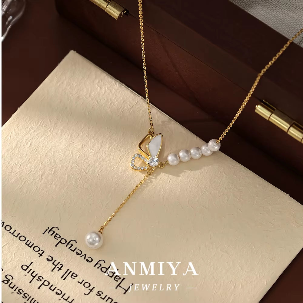 ANMIYA Butterfly Pearl 18K Gold Plated Fine Jewelry Fashion 925 Sterling Silver Charm Accessories Vintage Women'S Necklace