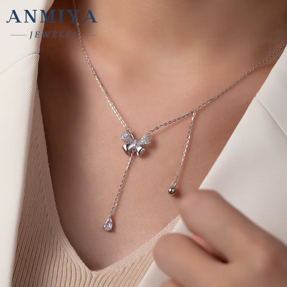 ANMIYA INS Butterfly Pendant Necklace 925 Silver Zircon Crystal Tassel Elegant Butterfly Necklaces for Women Girls