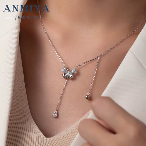 ANMIYA INS Butterfly Pendant Necklace 925 Silver Zircon Crystal Tassel Elegant Butterfly Necklaces for Women Girls
