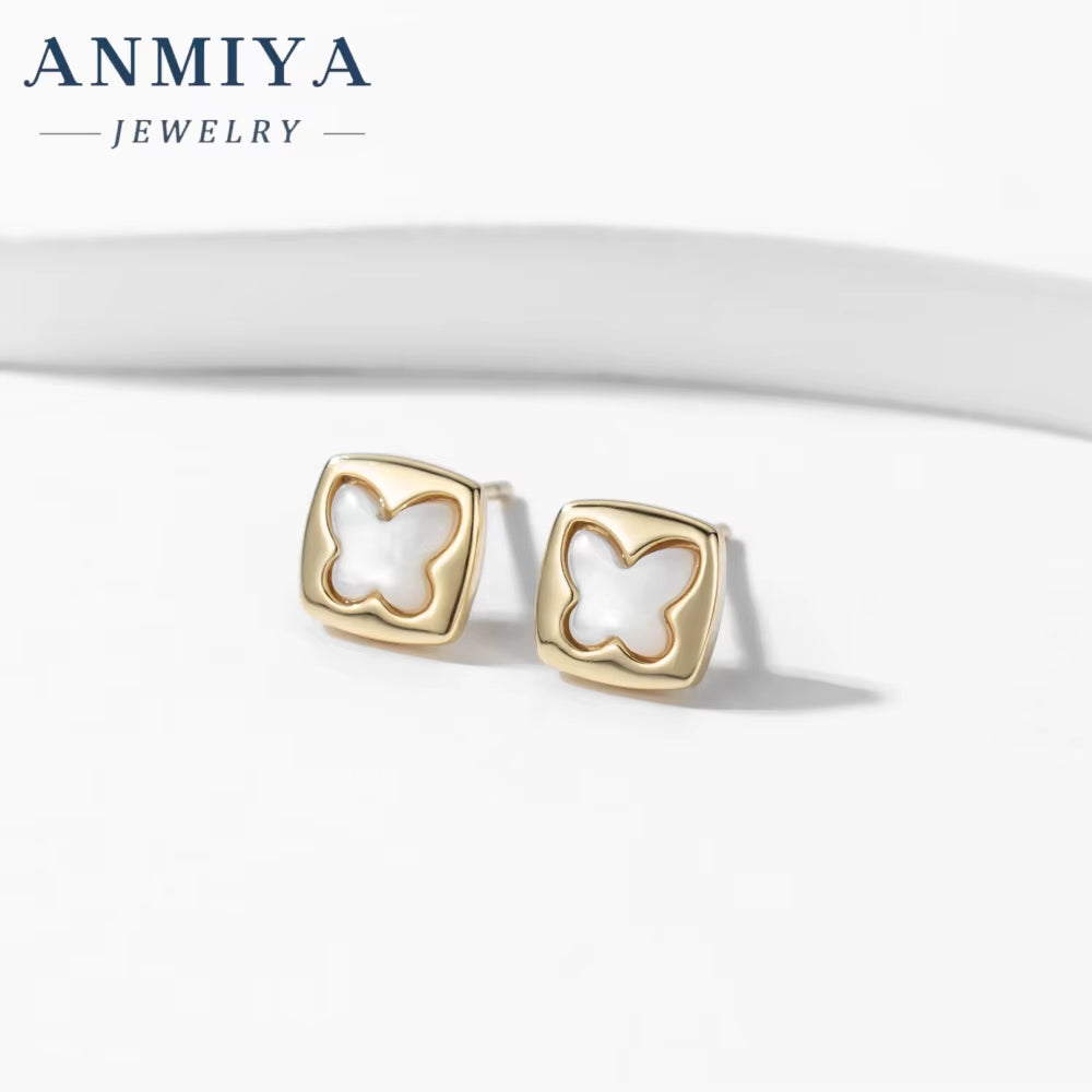 ANMIYA Square Butterfly Shape 18K Gold Plated Shell Jewelry Fashion Stud Earrings