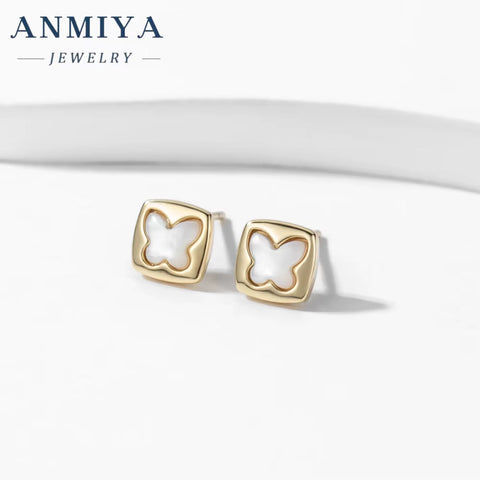 ANMIYA Square Butterfly Shape 18K Gold Plated Shell Jewelry Fashion Stud Earrings