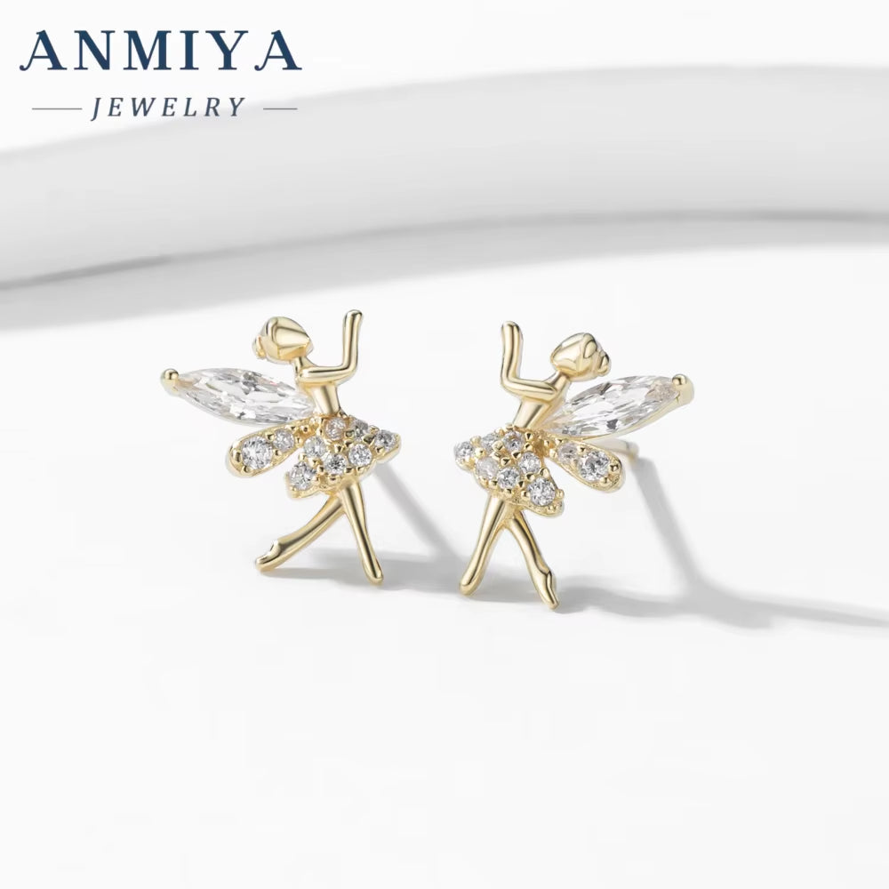 ANMIYA Manufacturer Latest Design Elf Fairy Shape Zircon Hypoallergenic S925 Silver Stud Earrings for Girl