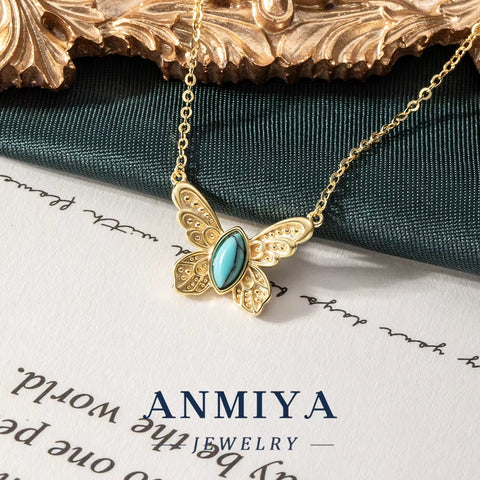 ANMIYA Women'S Trendy 925 Sterling Silver Butterfly Necklace 18K Gold Link Chain with Zircon and Turquoise Stone