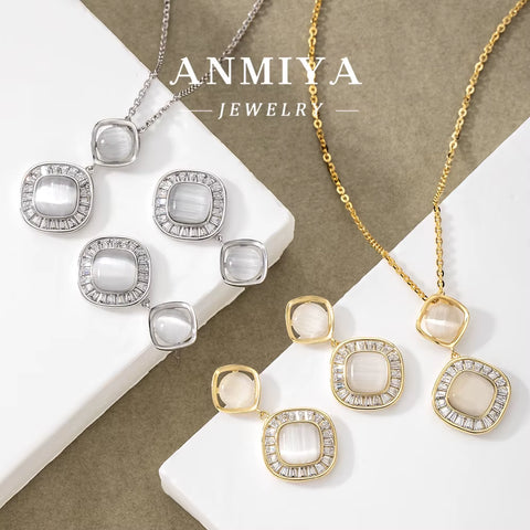 ANMIYA Glaring Gorgeous Anniversary Gift Geometric Diamond Necklace 18K 925 Silver Earrings Necklace Jewlery Set