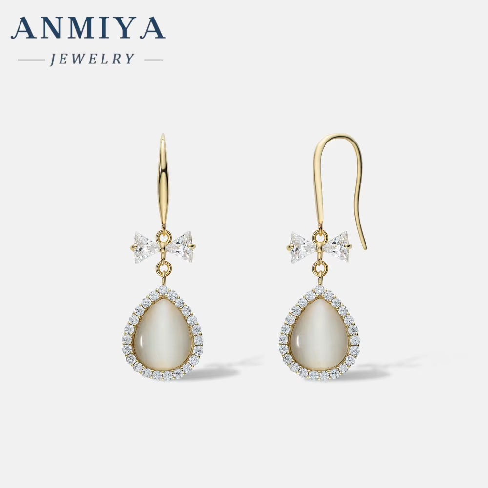 ANMIYA Fine Jewelry 925 Sterling Silver Water Drop Zircon with Bow Gold Plated 18K Hook Earrings