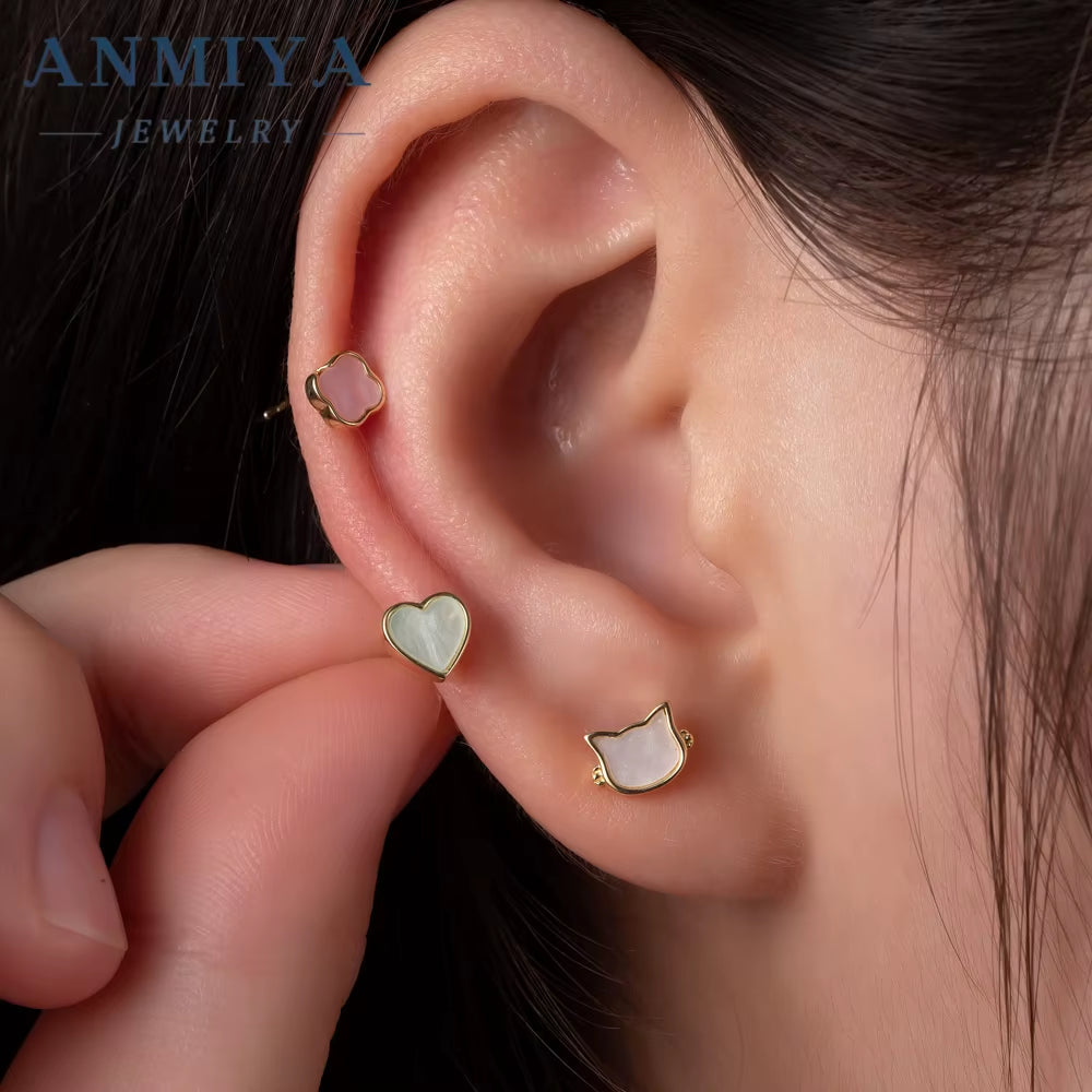 ANMIYA New Collection Cat Heart Four-Leaf Clover Earrings White Shell 925 Silver Pink Blue Zirconia 3Pcs Set Earrings