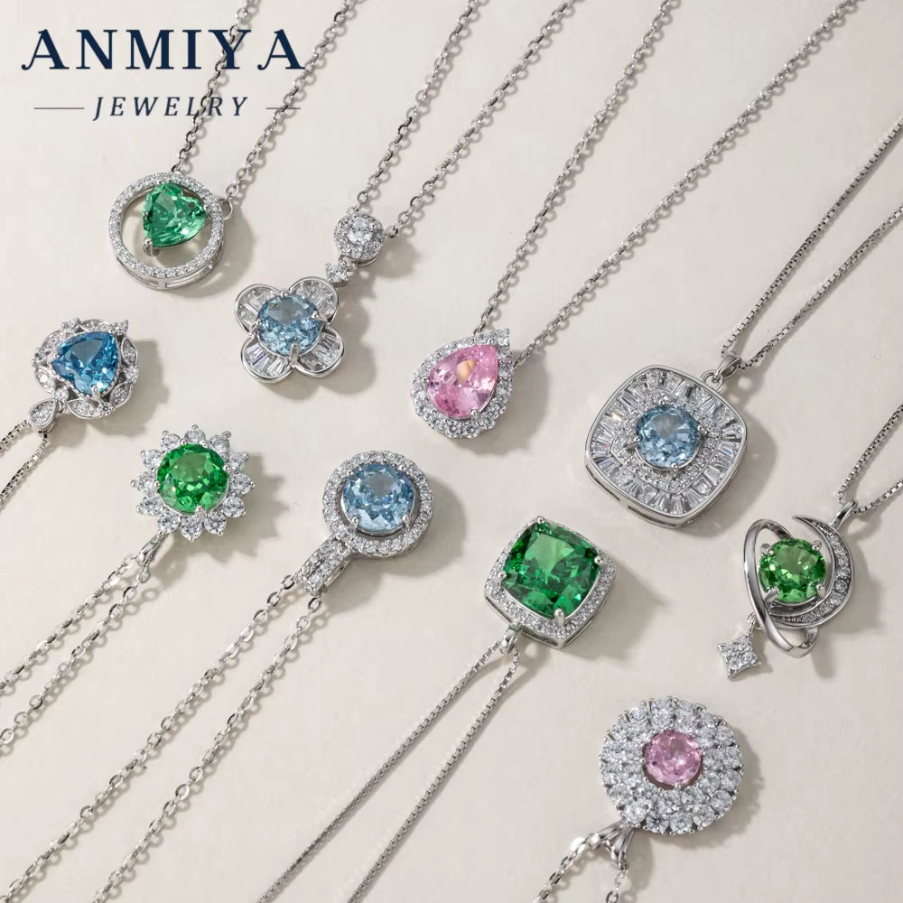 ANIMIYA Ice Heart Cut Shape round Zircon Green Blue Pink Diamond 925 Sterling Silver Fashion Jewelry Pendent Necklaces