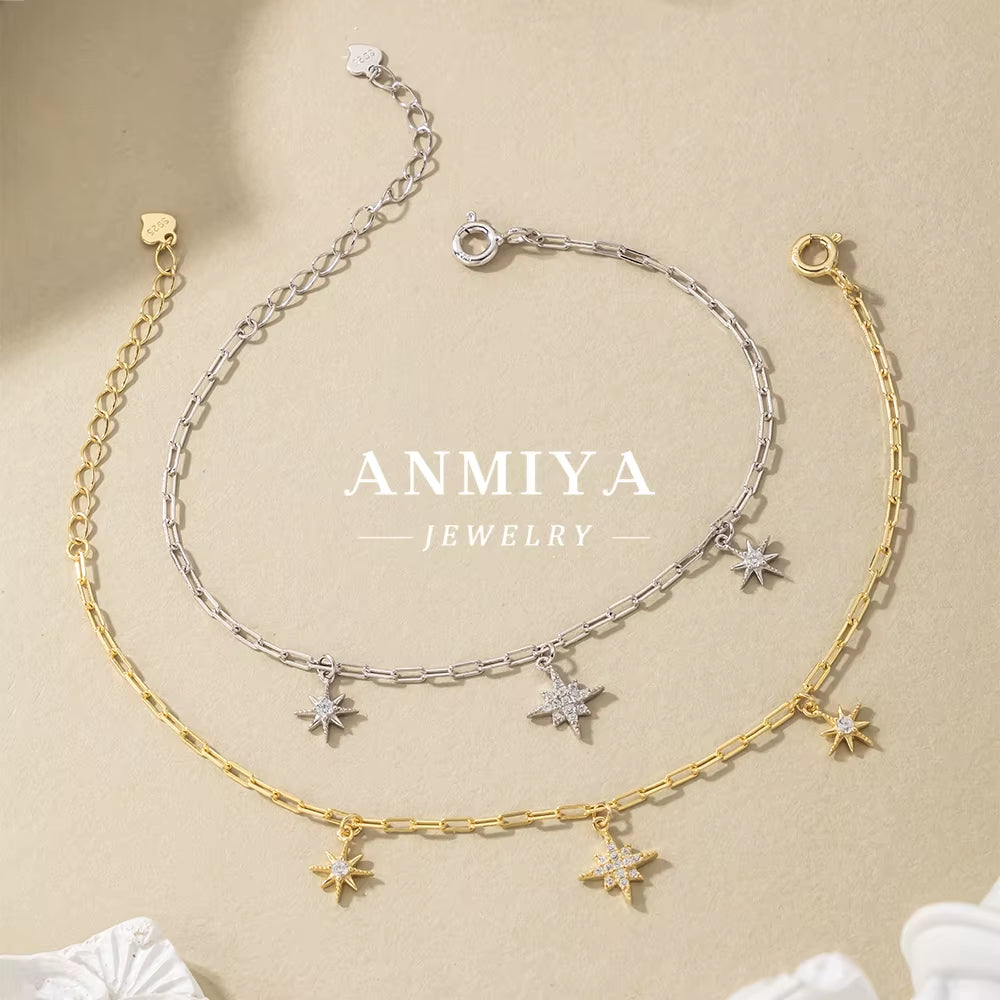 ANMIYA Fashion 925 Sterling Silver Zircon Star Bracelet 18K Gold Plated Star of Bracelet with Zircon Lover