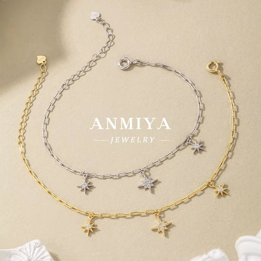 ANMIYA Fashion 925 Sterling Silver Zircon Star Bracelet 18K Gold Plated Star of Bracelet with Zircon Lover