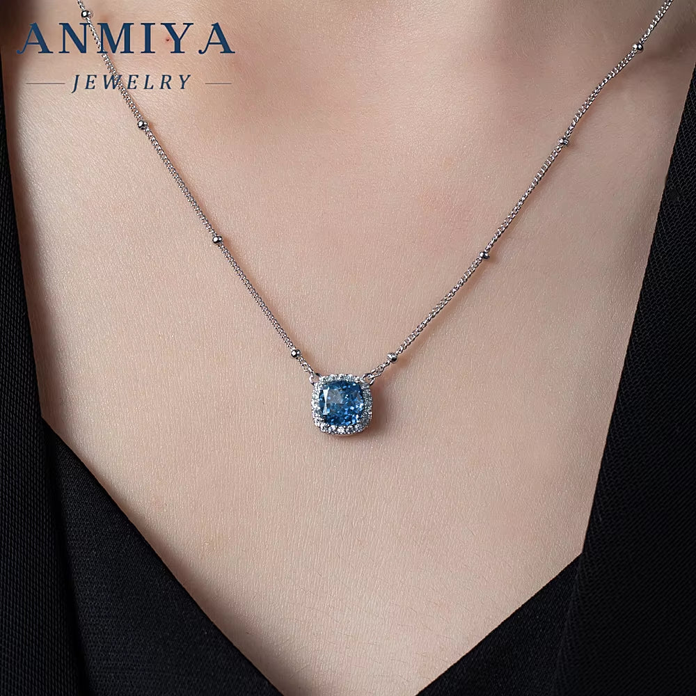 ANMIYA 925 Sterling Silver Cubic Zirconia Cushion Cut Fancy Green Diamond Pendant Necklace