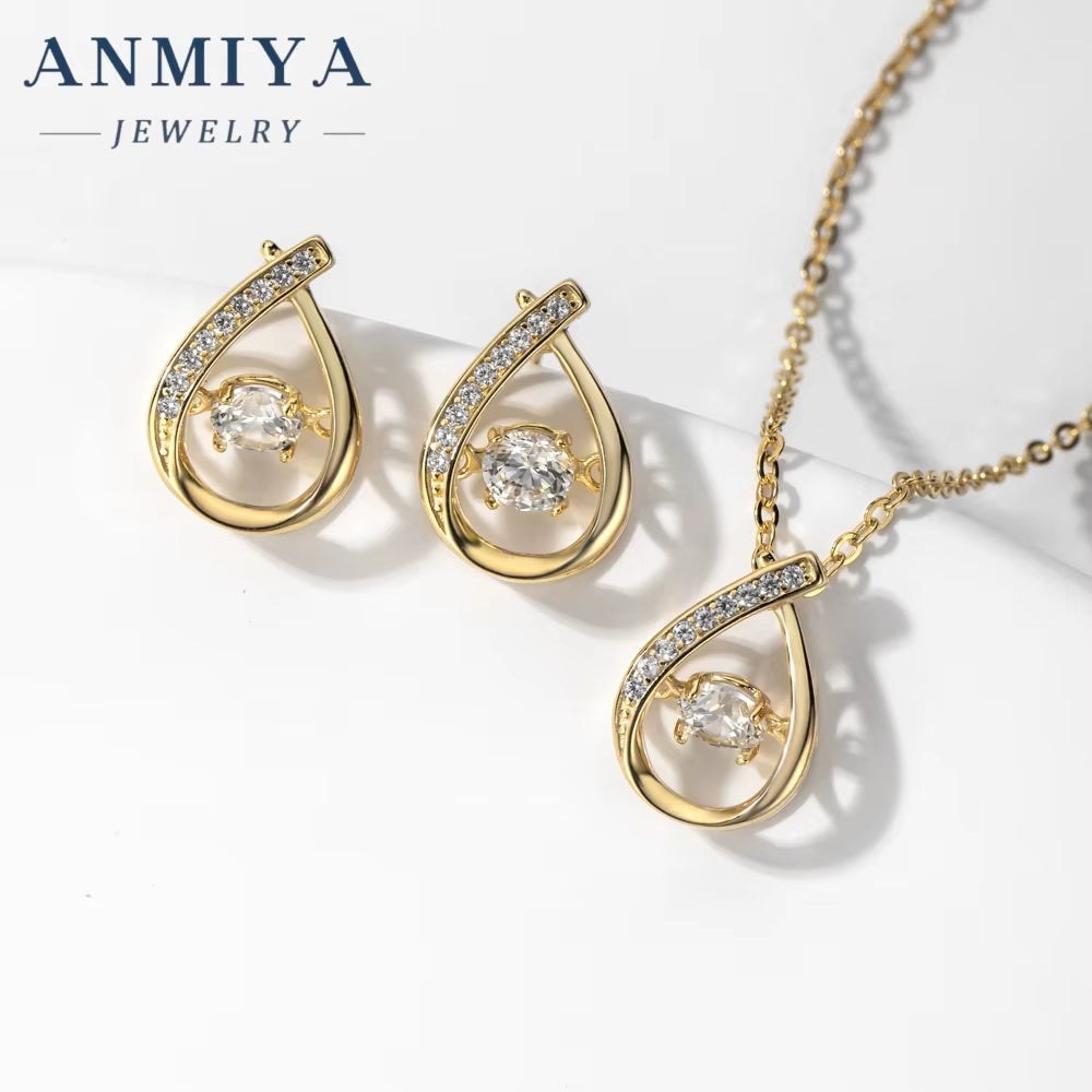ANMIYA Hot Sales Fashion Jewelry 925 Sterling Silver Charm Zircon Pendant Necklaces Earrings Set for Women