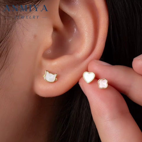 ANMIYA New Collection 925 Sterling Silver Cat Heart Four-Leaf Clover Earrings with Pink Blue Zirconia White Shell 3Pcs Set Gift