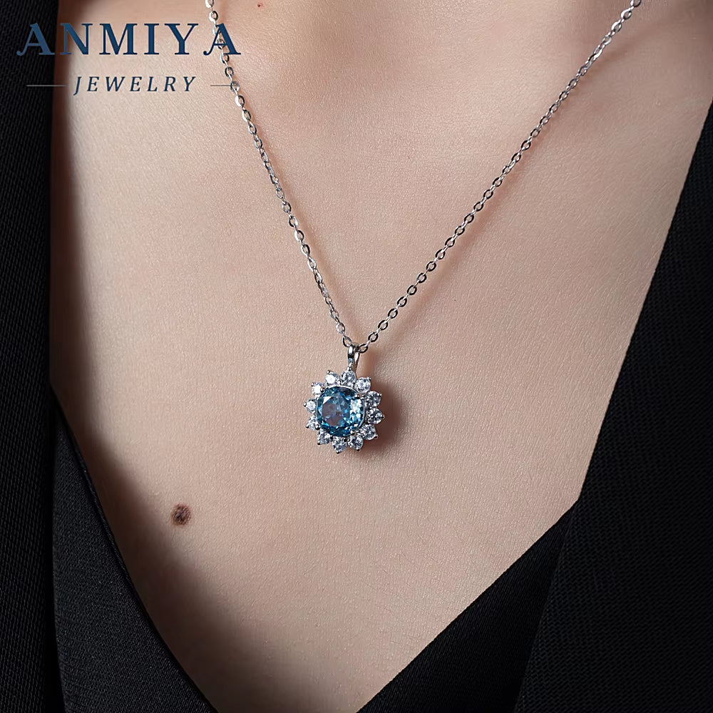 Silver 925 Fine Women Jewelry Ice Crushed Cubic Zirconia round Brilliant Cut Sun Shape Pendant Charms Necklace