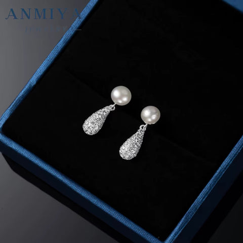 Women Fine Jewelry 925 Sterling Silver Earrings Fresh Water Pearl Zircon Drop Shape Ear Earrings Waterproof