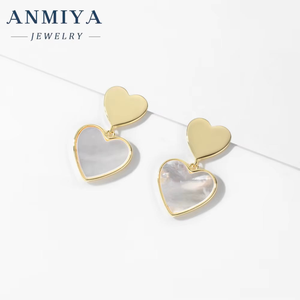 ANMIYA S925 Sterling Silver Korean Style White Shell Earrings 18K Gold Rose Gold Heart Shape Fashion Jewelry Earrings for Women