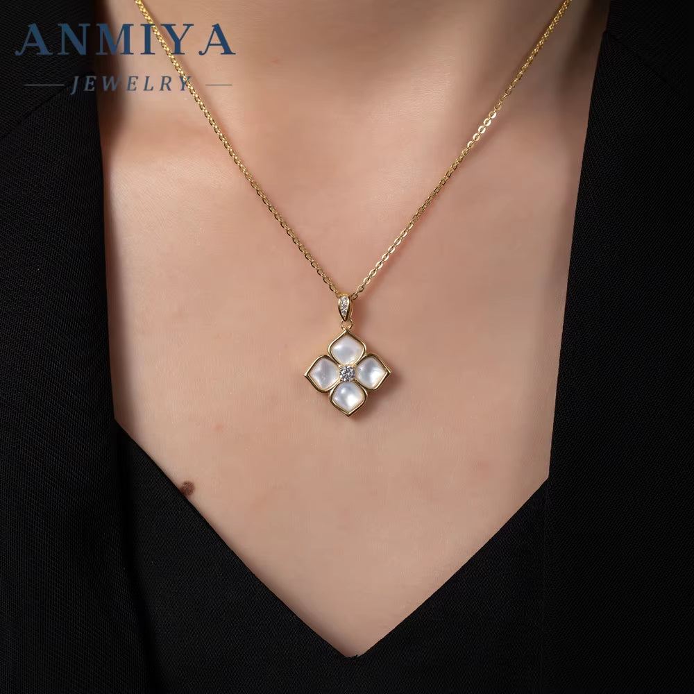 ANMIYA Wholesale S925 Silver Petal Four Leaf Clover Chalcedony Zircon Earrings Necklace Set for Wedding Party or Gift
