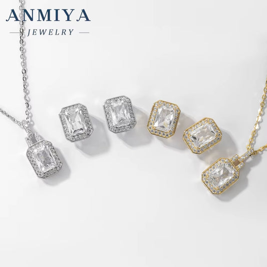 ANMIYA 2024 New Square Zircon Necklace Earrings 925 Silver 18K Gold-Plated Zircon Fashion Jewelry Necklace Set for Women