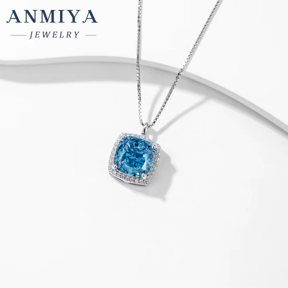 ANMIYA Fashion Dainty Sterling Silver Vintage Cushion Ice Cut Square Green CZ 925 Silver Jewelry Necklace for Girls