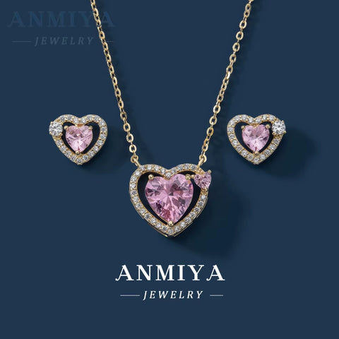 Fashion S925 Sterling Sliver Heart Pink 5A Zircon Necklace Earring Jewelry Set for Women Luxury Diamond Jewelry