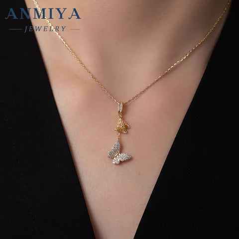 ANMIYA Wholesale 925 Silver Zircon Tassel Butterfly Pendant Necklace for Women & Girls