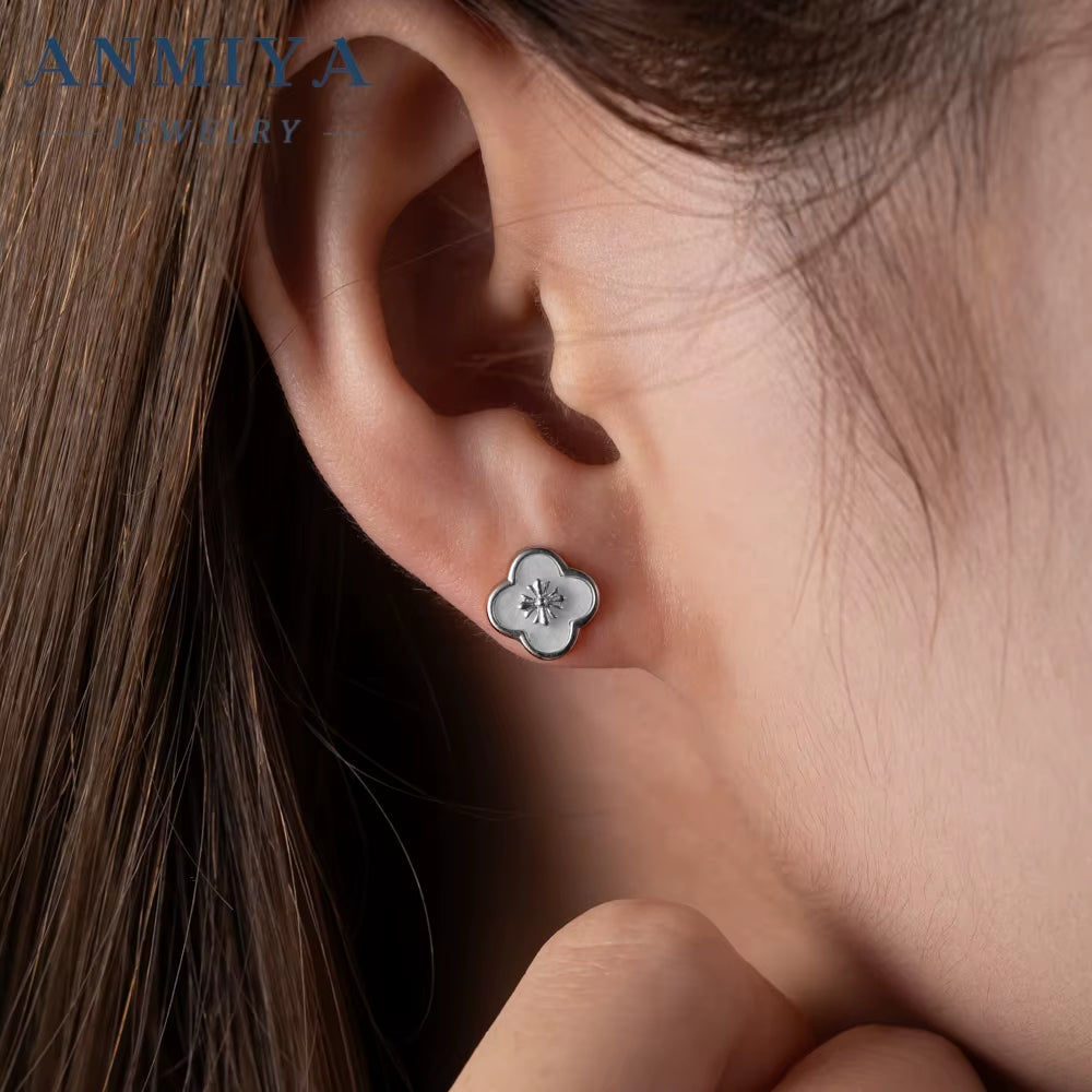 European INS Style Silver Plated Shinny Four Leaf Clover Shell Pearl 925 Silver Zirconia Stud Earrings