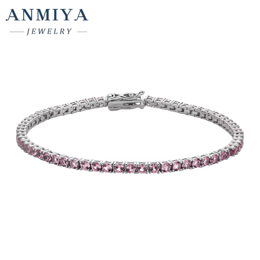 ANMIYA 925 Silver Zircon Pink Blue Tennis Chain Bracelet Hip Hop Jewelry Gold Silver Material Women CZ Bracelet Iced Out