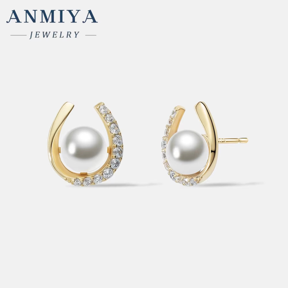 ANMIYA Minimalist Elegant U Shape Zircon Fresh Water Pearl Stud Earrings 925 Silver Baroque Pearl Earrings for Womens