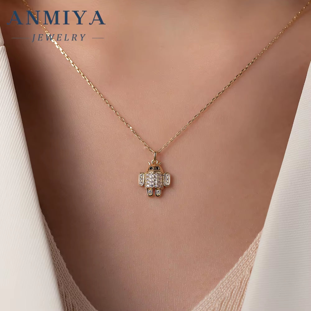 ANMIYA Unisex Accessory Jewelry Sterling 925 Silver Necklace Robot Charm Necklace with Zircon