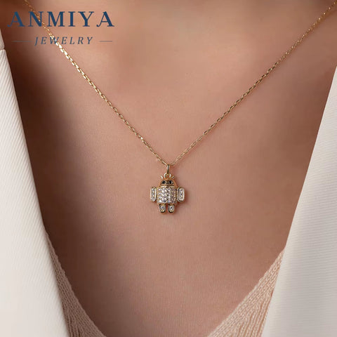 ANMIYA Unisex Accessory Jewelry Sterling 925 Silver Necklace Robot Charm Necklace with Zircon