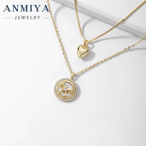 ANMIYA Unisex Accessory Jewelry Sterling 925 Multi-Layered 18K Gold Heart Zircon round Shape Trendy Necklace for Women